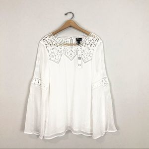 Long Tall Sally Linen 10 Blouse Top White Lace Bell Sleeves